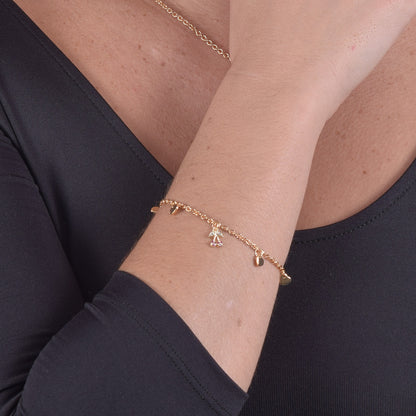 Bracciale Placcato Oro 18k con Charms Cuori e Zirconi a Forma di Ciliegia