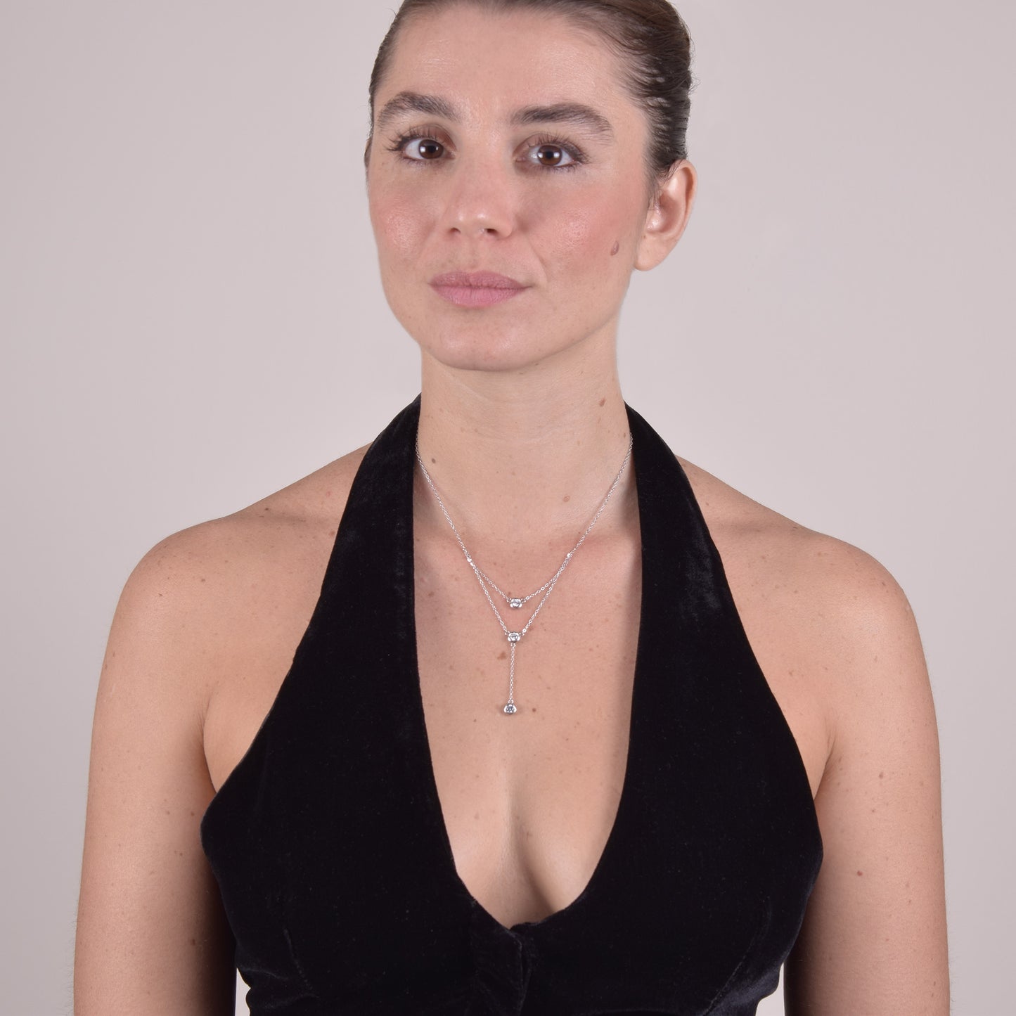 Collana in Argento Sterling 925 Rodiato con Pendenti Layered in Zirconi AAA