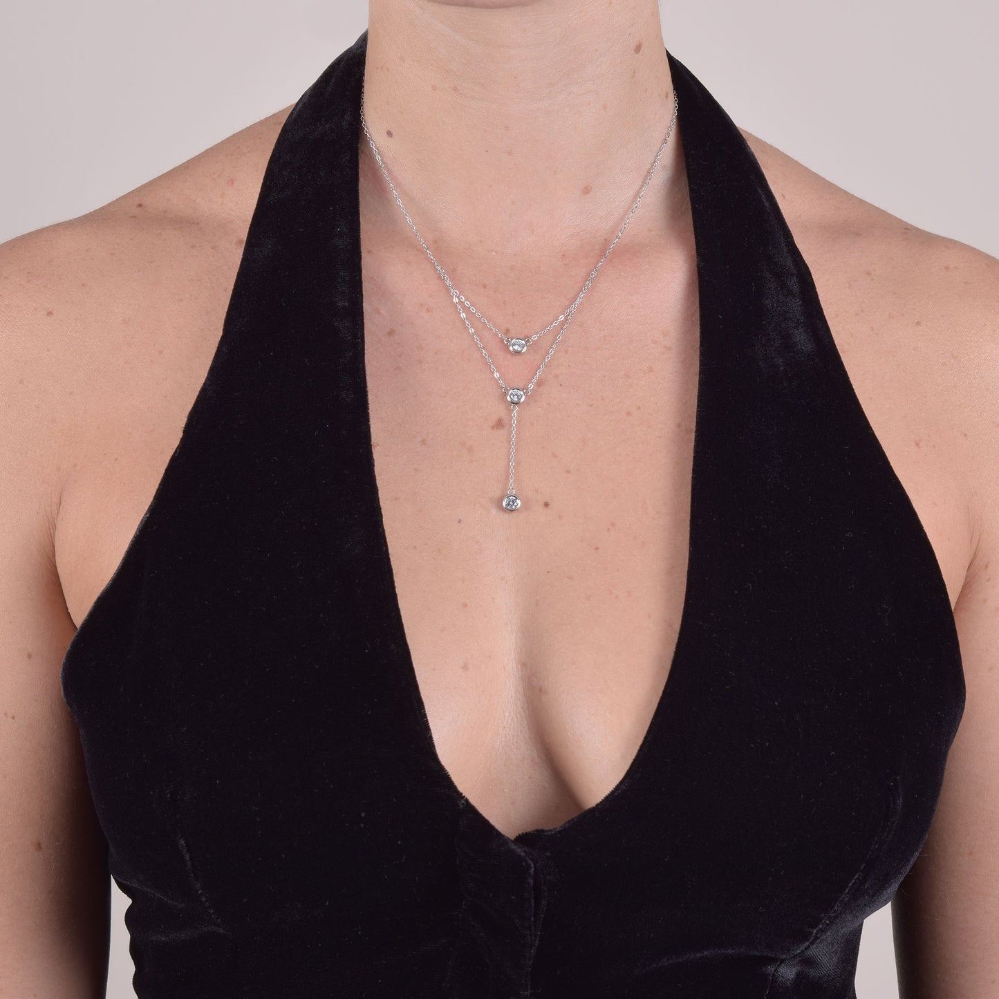 Collana in Argento Sterling 925 Rodiato con Pendenti Layered in Zirconi AAA