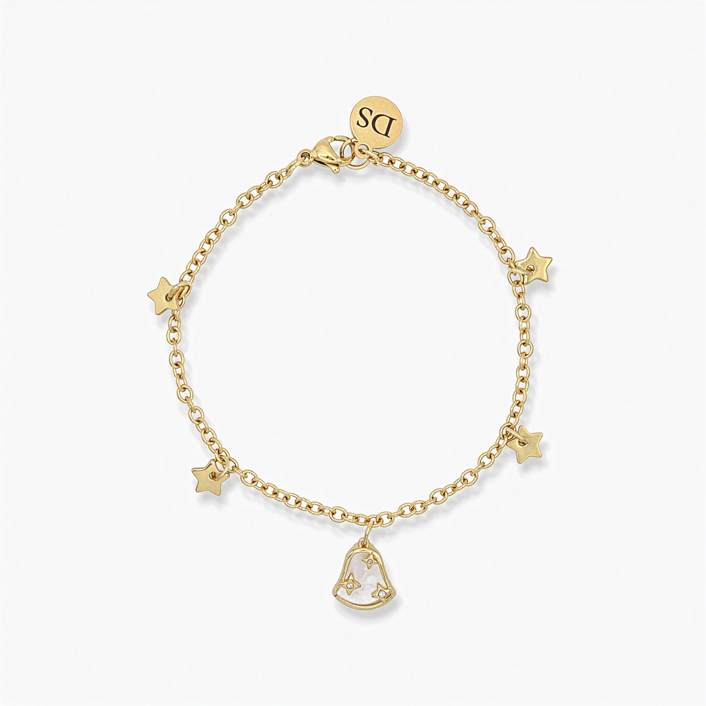 18K Gold Plated Bracelet - Mother-of-Pearl and Bell Charm