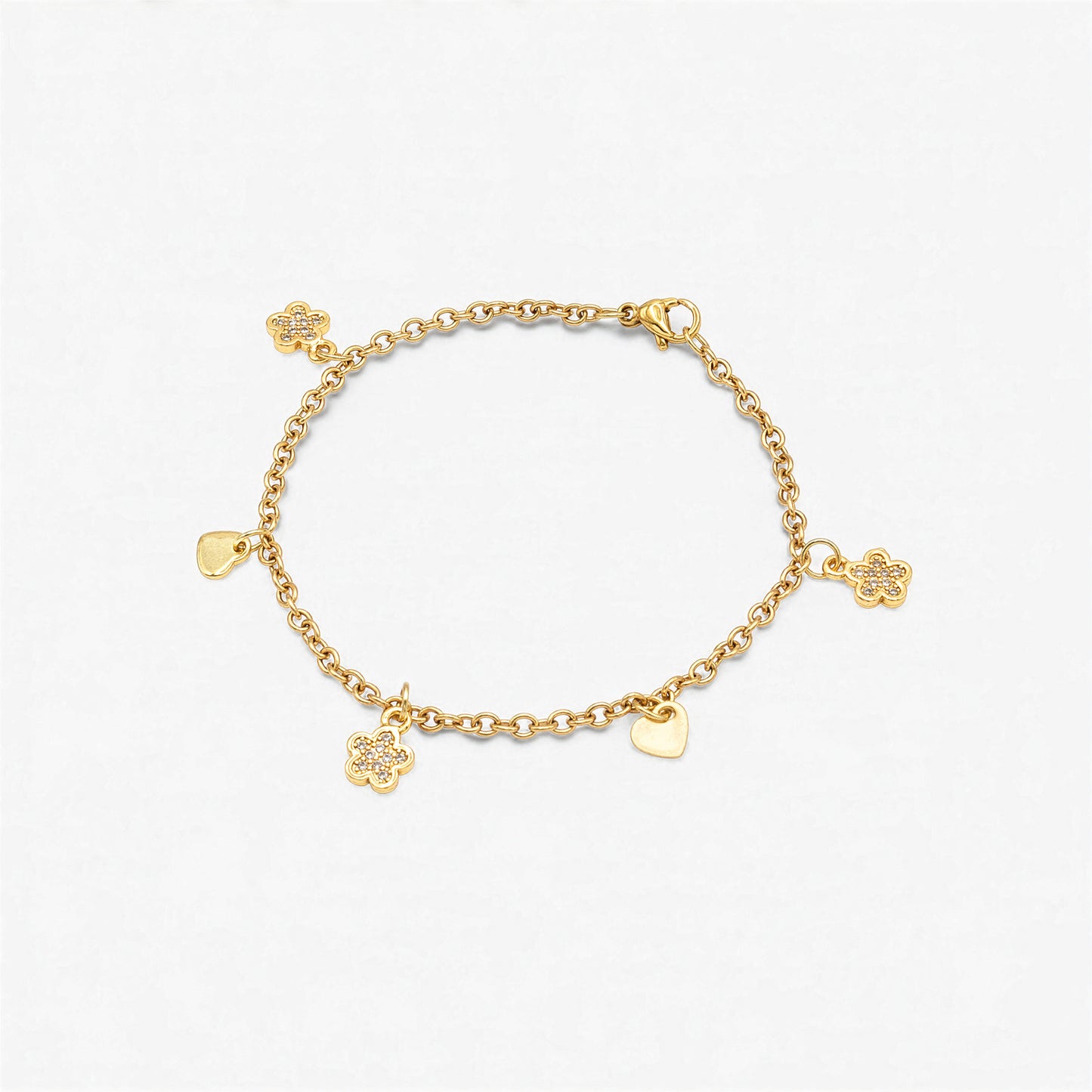 18K Gold Plated Bracelet - Hearts and Flowers Charm