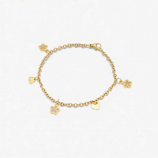 Bracciale Placcato Oro 18K - Charm Cuori e Fiori