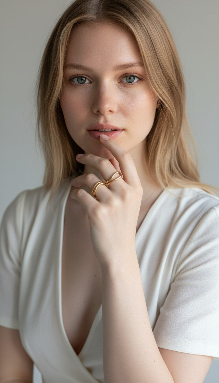 Anello Heartbeat Kiss di DSCREAZIONI in bronzo con design a linee curve indossato da una modella
